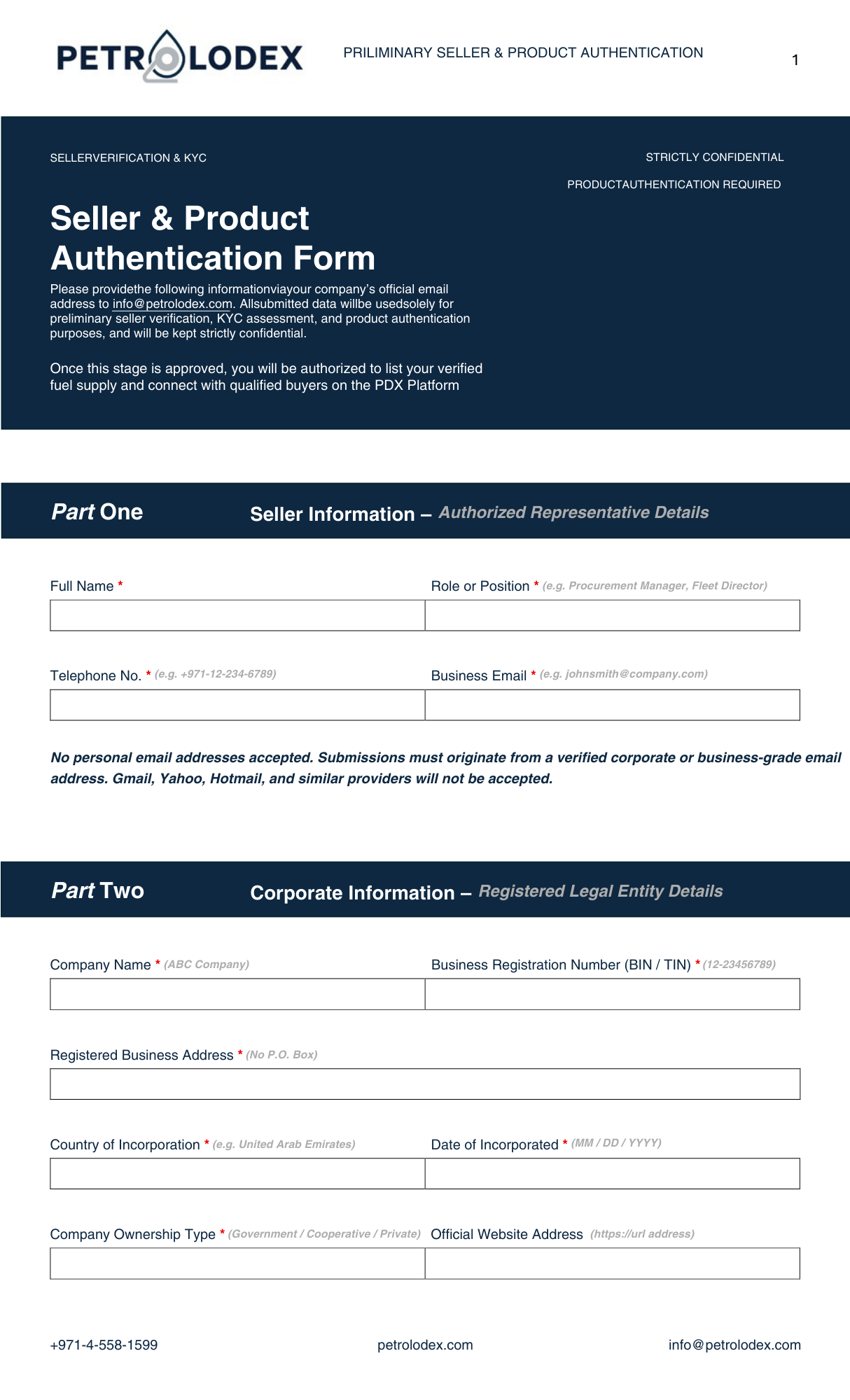 Cover of Preliminary Seller & Product Authentication Form